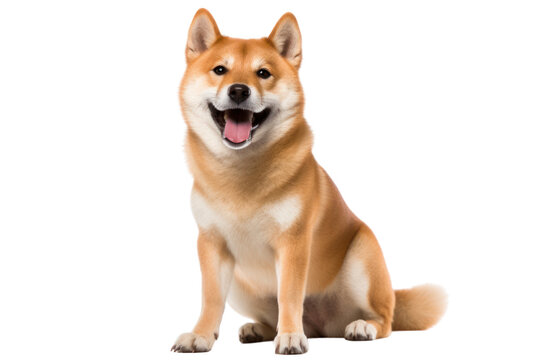 Shiba inu dog with a cheerful demeanor, sitting on its haunches with a bright, isolated on white background