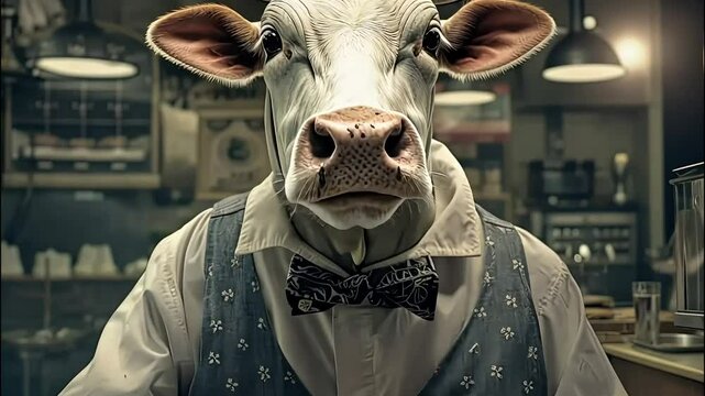 Cow wearing a bow tie and vest in a humorous office setting

