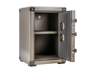 a metal safe with two shelves