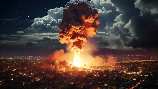 Large explosion with a mushroom cloud rising into the sky during sunset

