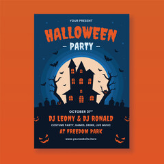 Halloween party flyer template with haunted house and scary pumpkin