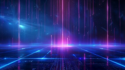Obraz premium A mesmerizing neon landscape featuring vibrant rays and glowing lines, perfect for digital art and futuristic designs. Stage for product presentation.