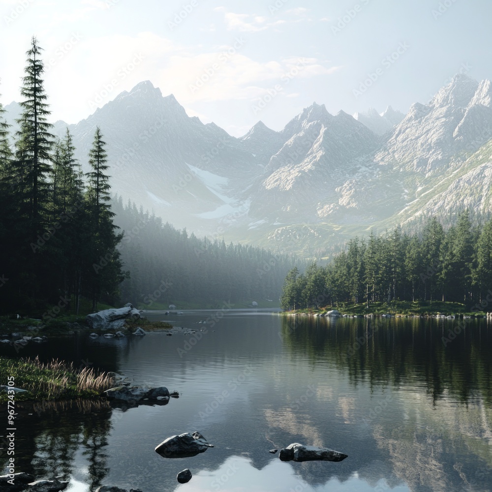 Poster Misty mountain lake with a reflection of the mountains in the water.