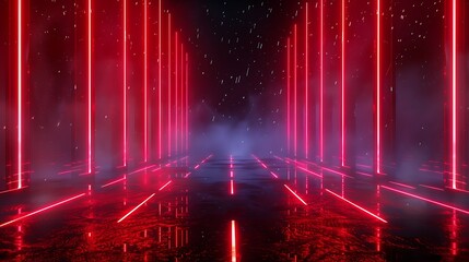 A striking futuristic scene featuring vibrant red neon lights amidst a misty backdrop, perfect for technology or nightlife themes. Stage for product presentation.