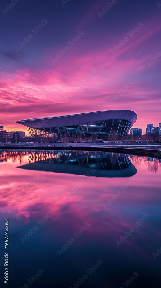 Wall mural Modern building reflected in water at sunset.