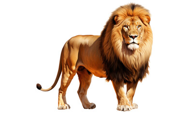 Obraz premium Majestic lion with a flowing mane standing proudly on a savanna landscape isolated on white background