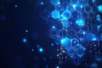 Fototapeta premium Blue background with a hexagonal shape and a technology, data connection or communication structure. A futuristic, high-tech digital network.