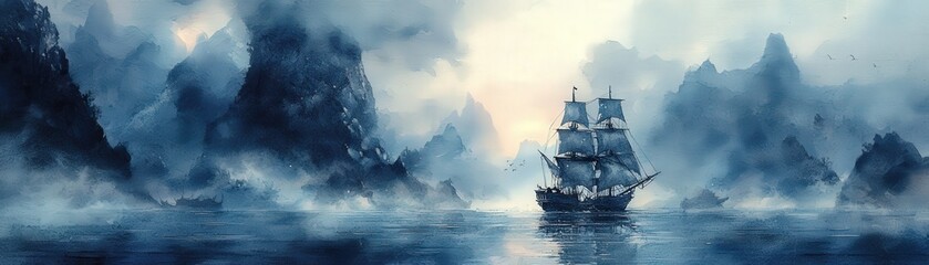 Obraz premium Ghostly pirate crew, returning to their cursed treasure, eerie island, Watercolor style