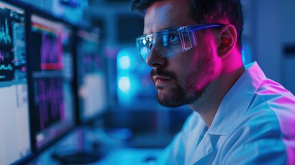 Close-up of a male scientist wearing protective glasses, analyzing data displayed on multiple computer monitors in a laboratory setting with blue and pink lighting.