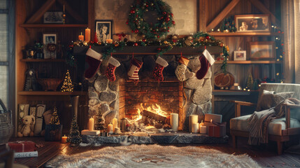 Cozy fireplace nook with burning wood, decorated Christmas wreath, candles and Christmas socks.