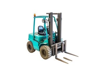 a blue forklift with black wheels