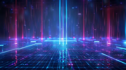 A vibrant, futuristic scene featuring glowing blue and pink lines creating a digital landscape with depth and illumination. Stage for product presentation.