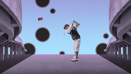 Male golfer preparing to swing in infinite landscape, surrounded by geometric shapes against abstract background. Contemporary art collage. Surrealism, sport, creativity, imagination, futurism concept