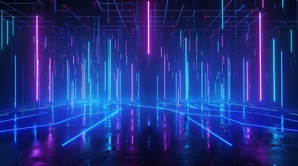 A vibrant digital environment featuring neon lights and reflections, perfect for futuristic and dynamic visuals. Stage for product presentation.