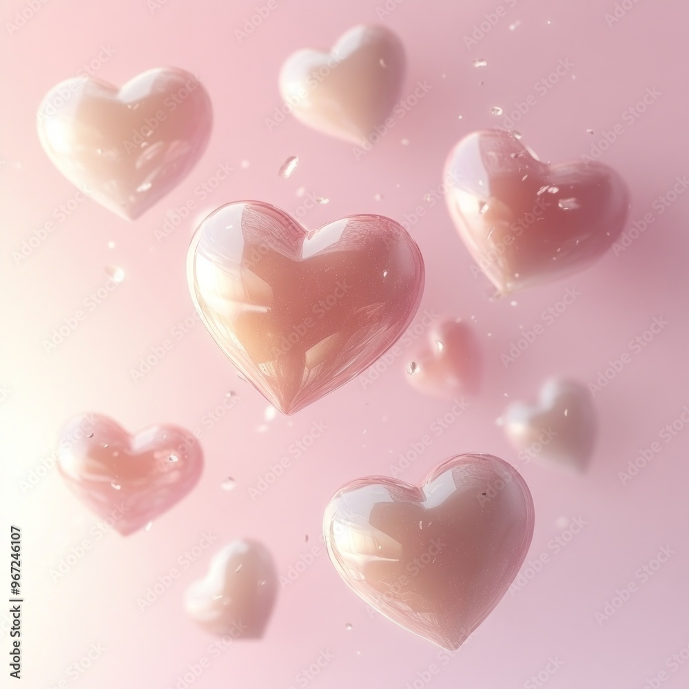 Canvas Prints Pink glossy heart shapes floating against a soft pink background.