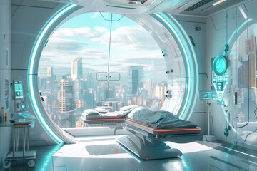 A futuristic hospital room featuring advanced technology and a panoramic city view through a large circular window.