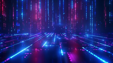 A vibrant digital landscape featuring glowing lines of blue and pink light, creating a futuristic and immersive atmosphere. Stage for product presentation.