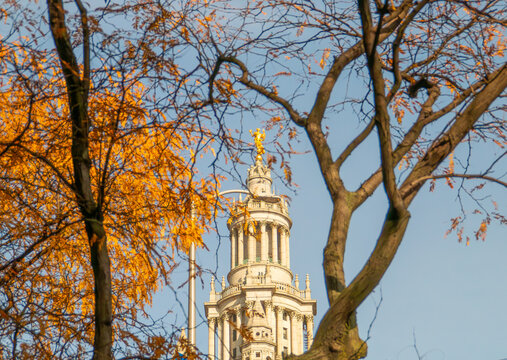 C&uacute;pula del edificio municipal David N. Dinkins de Manhattan, Nueva York, EE.UU. Estatua dorada, Fama C&iacute;vica, entre las ramas de un &aacute;rbol vestido con las hojas oto&ntilde;ales.