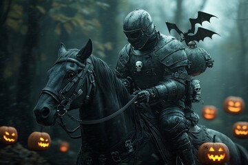 Fototapeta premium A knight in gothic armor adorned with bat wings and skull motifs rides a black horse through a shadowy forest, with glowing jack-o'-lanterns illuminating the path. The image is designed with