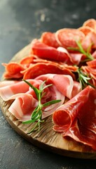 Assortment of delicious cured meat slices, rosemary, chorizo sausage on wooden board,