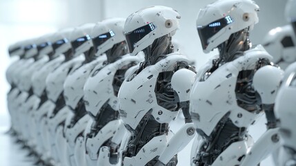 Fototapeta premium A Row of White Robots with Sleek Designs and Futuristic Features
