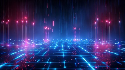 A vibrant digital landscape showcasing glowing neon lights and grid patterns, perfect for futuristic technology themes. Stage for product presentation.