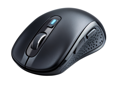 a black computer mouse with a button