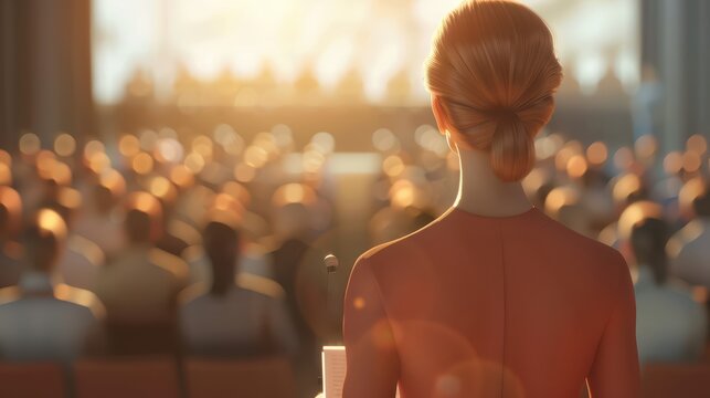 A speaker addresses an engaged audience in a bright, modern conference setting, highlighting inspiration and connection.