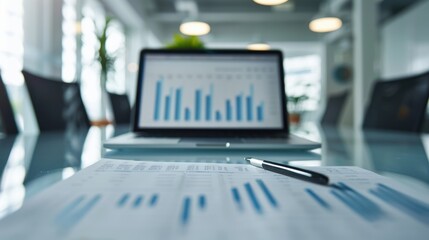 Close-up of business reports and a pen on a desk with a laptop displaying blue bar graphs, representing data analysis in a modern office setting.