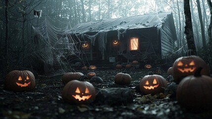 A haunted safari lodge with pumpkins, cobwebs, and spooky Halloween decorations, nestled within the jungle. The scene is set at dusk with atmospheric lighting, leaving room for copy space.