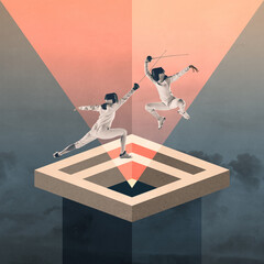 Two fencers duel on floating geometric platform, illuminated by beams of light against abstract...