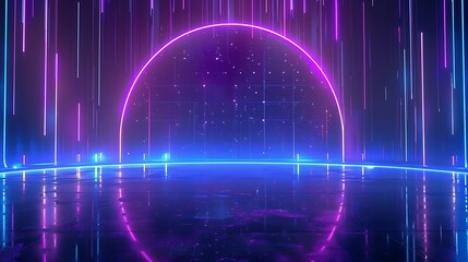 Obraz premium A vibrant digital space featuring neon lights and a glowing arch, perfect for futuristic and abstract projects. Stage for product presentation.
