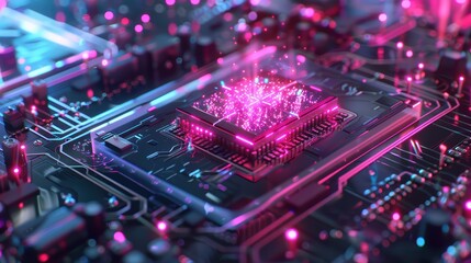 Fototapeta premium A vibrant close-up of a modern microchip with glowing circuits and colorful lights, showcasing advanced technology in action.