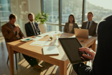 Business person, hands and meeting with tablet screen for presentation, data or company review at office. Coach, spokesperson or employee talking to group with technology for mission or feedback