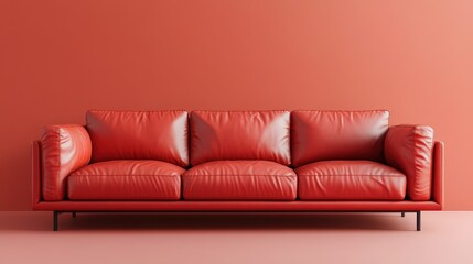 Fototapeta premium Modern Red Leather Sofa in Minimalist Living Room Interior Design
