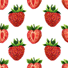 Red strawberries watercolor seamless pattern. Hand drawn illustration of ripe cut and whole berry. Endless background for fabric and wallpaper. Summer print.