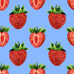 Red strawberries watercolor seamless pattern. Hand drawn illustration of ripe cut and whole berry. Endless background for fabric and wallpaper. Summer print.