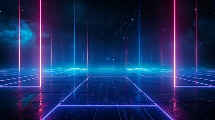 A vibrant futuristic landscape with neon lights and glowing lines, perfect for digital art and sci-fi themes. Stage for product presentation.