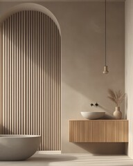 Fototapeta premium Minimalist Bathroom Design with Wooden Accents and Arched Wall