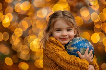 Naklejka premium Little Girl Embraces Planet Earth, Smiling With Hope, Against a Background of Golden Bokeh