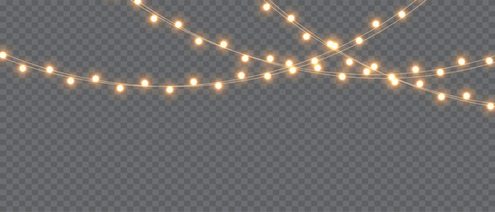 Vector Christmas lights on a transparent background. Christmas light PNG.  Set of Christmas glowing garlands. For advertising invitations, web banners, postcards. Vector. Christmas decoration, LED lam