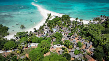 Aerial view of Nosy Iranja Island showcasing sandy beaches and lush greenery in Madagascar during sunny daylight