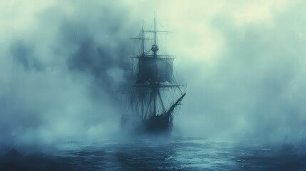 Fototapeta premium Spectral pirate ship emerging from fog, cursed sea, eerie atmosphere, Watercolor style