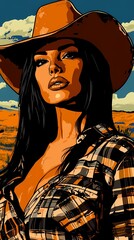 background image of a cowboy woman, western illustration style, western.  