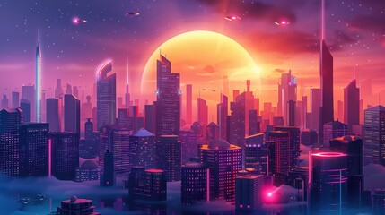 Fototapeta premium A vibrant sunset cityscape showcasing futuristic skyscrapers and flying vehicles in a colorful, neon-lit environment.