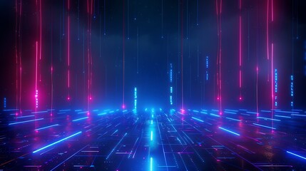 Obraz premium A vibrant neon landscape with glowing lines and beams creating a futuristic atmosphere perfect for technology visuals. Stage for product presentation.