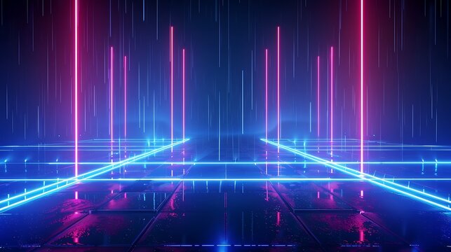 A vibrant neon landscape with glowing lines and reflective surfaces, creating a futuristic and high-tech atmosphere. Stage for product presentation.