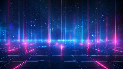 A vibrant neon light display with dynamic beams, creating a futuristic atmosphere perfect for digital backgrounds and concept art. Stage for product presentation.