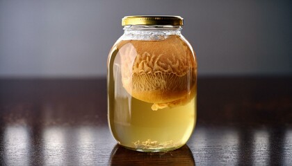 A gelatinous ‘mother of vinegar’ floating on the surface of a jar of fermenting apple cider vinegar, representing the probiotic-rich natural fermentation process.