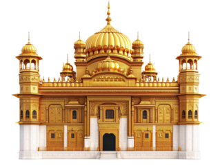 a gold building with a dome and a white wall with Harmandir Sahib in the background